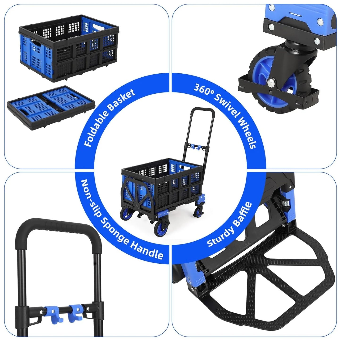 Garvee Folding Hand Truck Dolly with Basket, 2-in-1 Heavy Duty Dolly Cart with Wheels, 330LBS Capacity Convertible Handcart with Retractable Handle for Moving, Blue+Black
