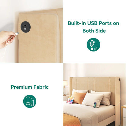 Dextrus Queen Size Upholstered Bed Frame, Platform Bed Frame with Storage Drawers, Headboard Built-in 2 USB Charging Stations and Strong Wood Slats Support, No Box Spring Needed, Beige