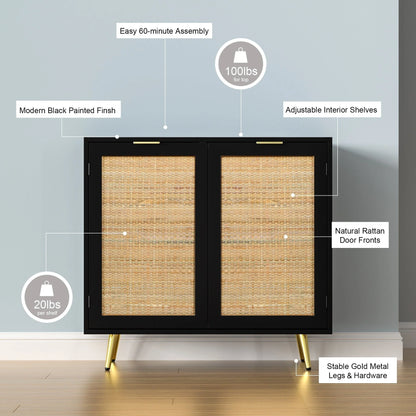 Anmytek Natural Rattan Black Buffet Sideboard Storage Cabinet with 2 Doors