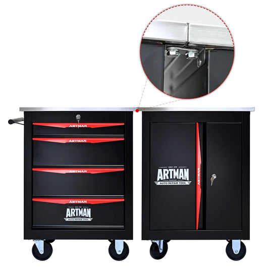 JXXRZ 4-Drawer Rolling Tool Cart with Wheels, Stainless Steel Top & Lock for Garage Workshop, Black& Red