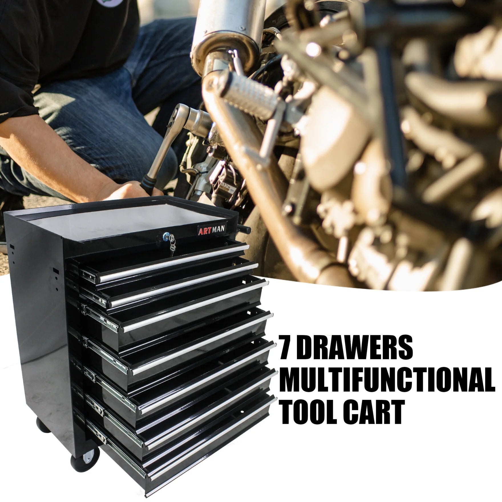 7-Drawer Rolling Tool Chest with Wheels, Metal Tool Cart Storage Cabinet with Lock, Tool Box Storage Organizer for Garage, Warehouse, Workshop, Repair Shop, Blue