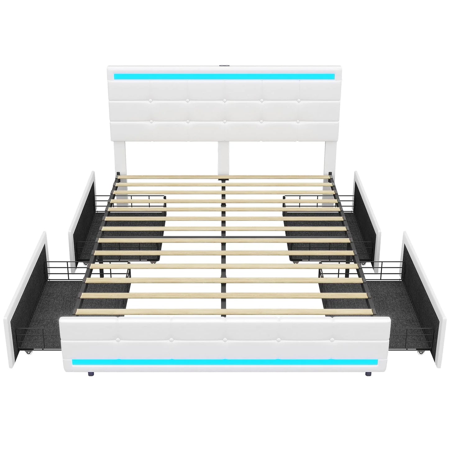 Queen Platform Bed Frame with 4 Drawers Storage and Headboard, Pu Leather Upholstered LED Bed Frame with 2 USB Charging Station & Wood Slat Support,White
