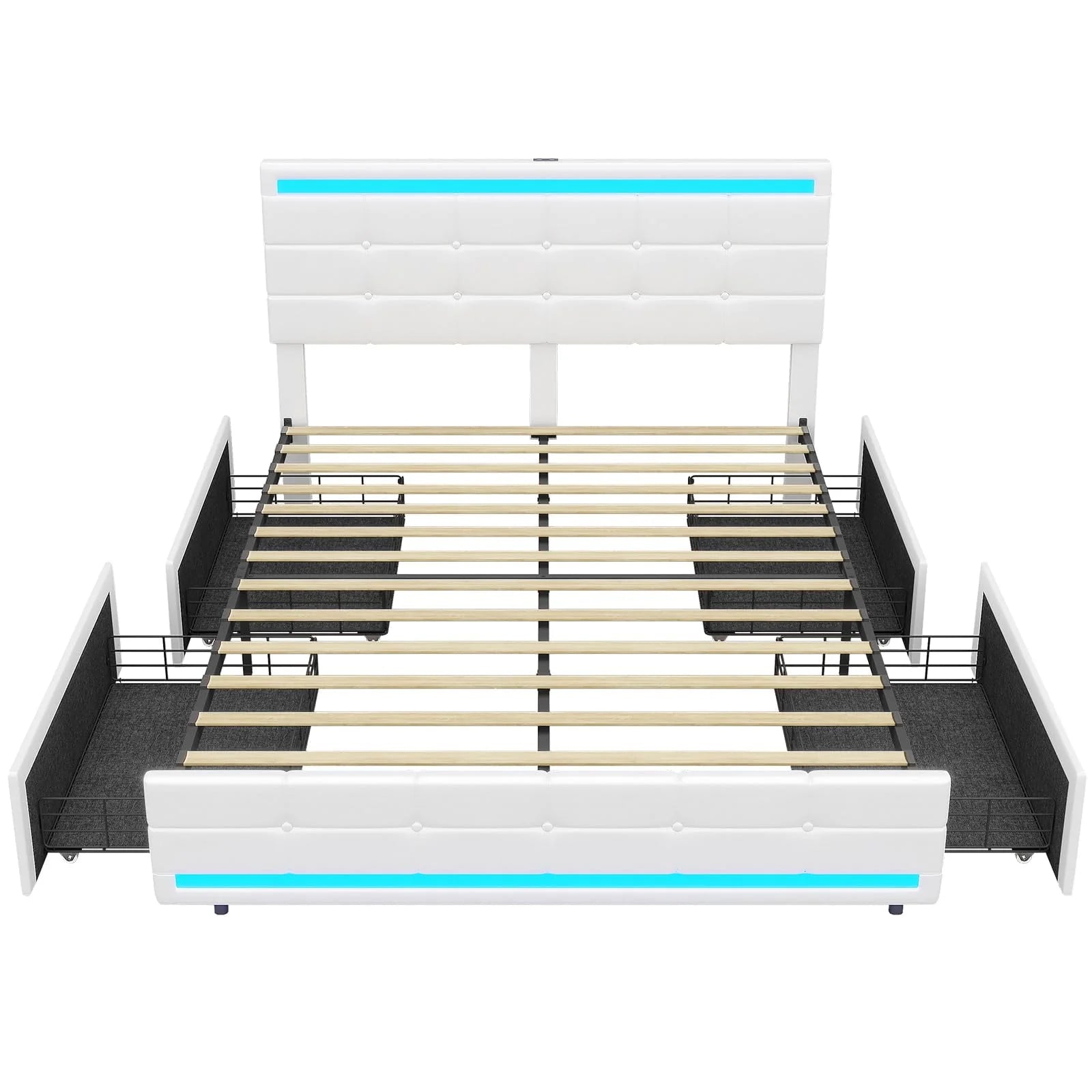 Queen Platform Bed Frame with 4 Drawers Storage and Headboard, Pu Leather Upholstered LED Bed Frame with 2 USB Charging Station & Wood Slat Support,White