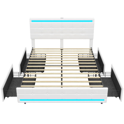Queen Platform Bed Frame with 4 Drawers Storage and Headboard, Pu Leather Upholstered LED Bed Frame with 2 USB Charging Station & Wood Slat Support,White
