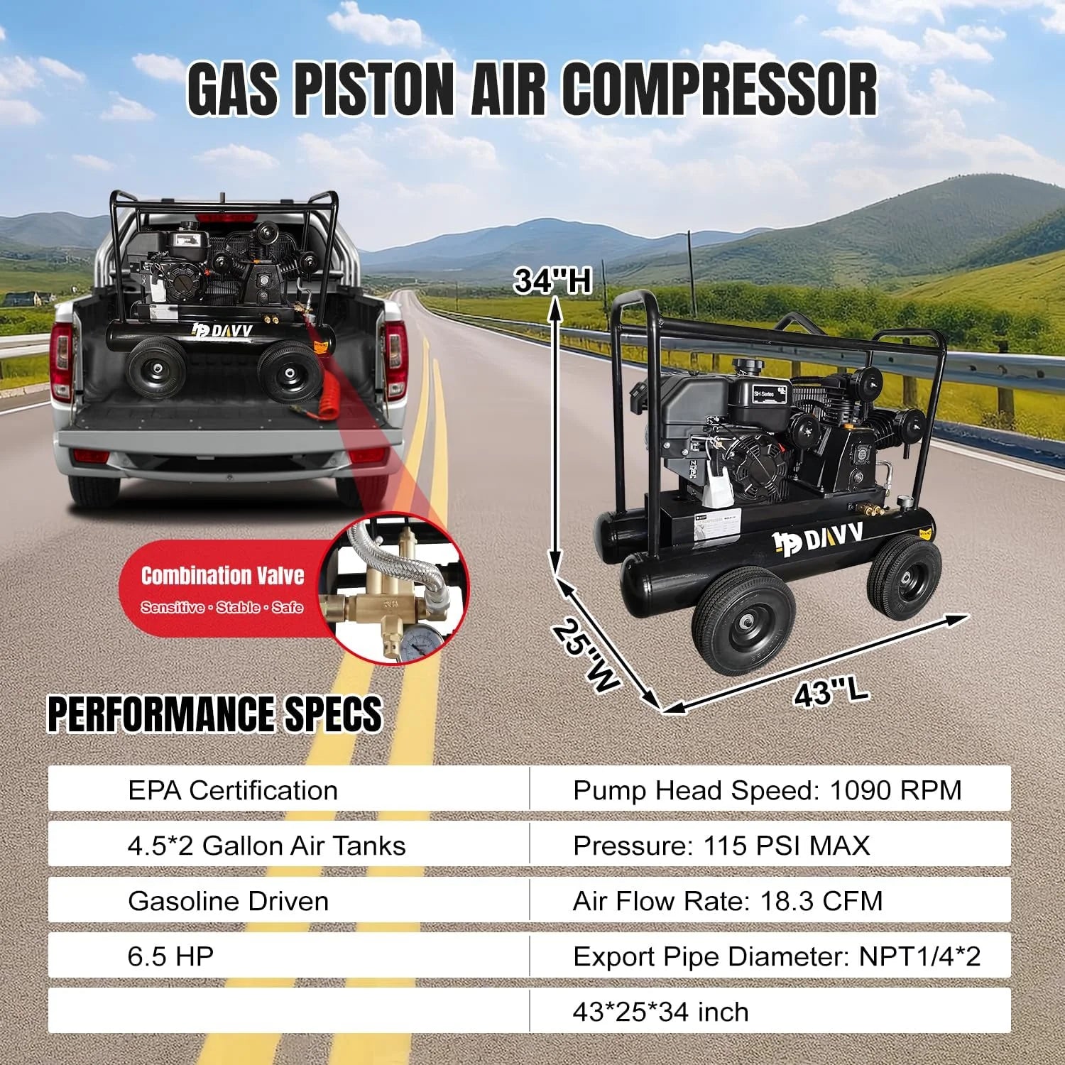 HPDAVV 6.5HP 120 PSI One Stage Gas Driven Piston Air Compressor 20 gal
