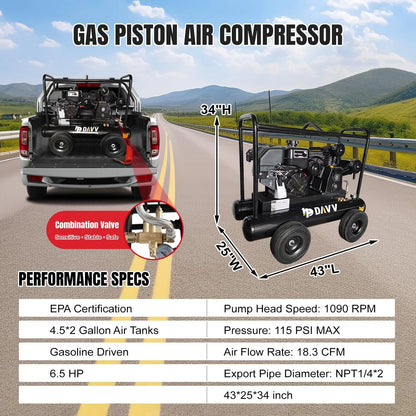 HPDAVV 6.5HP 120 PSI One Stage Gas Driven Piston Air Compressor 20 gal