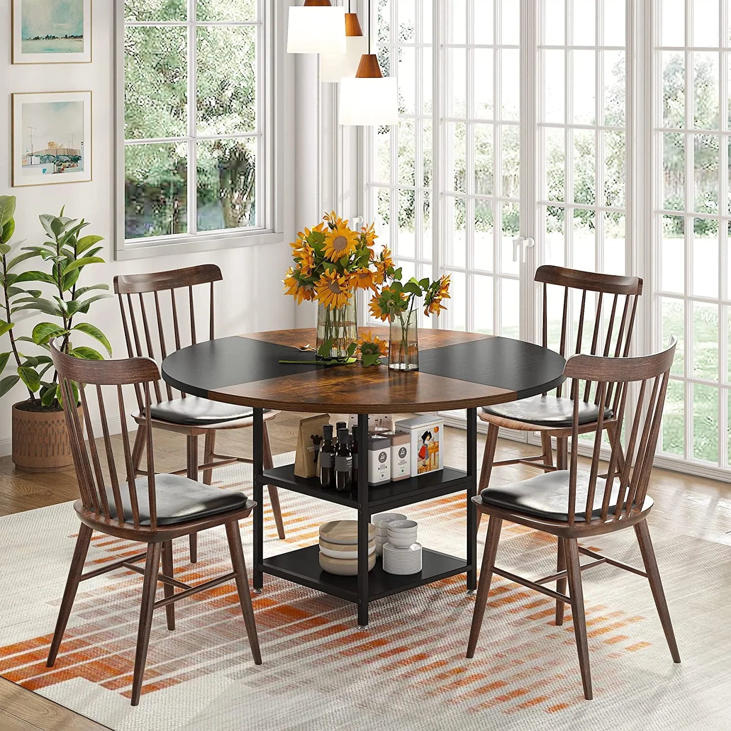 Tribesigns Round Dining Table for 4, 47" Kitchen Table Small Dinner Table with Storage Shelf, Rustic Brown & Black