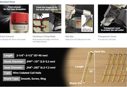 MEITE CN90 Industrial Coil Siding Nailer 15 Degree 2-1/4" to 3-1/2" Pneumatic Coil Nail Gun with Aluminum Housing