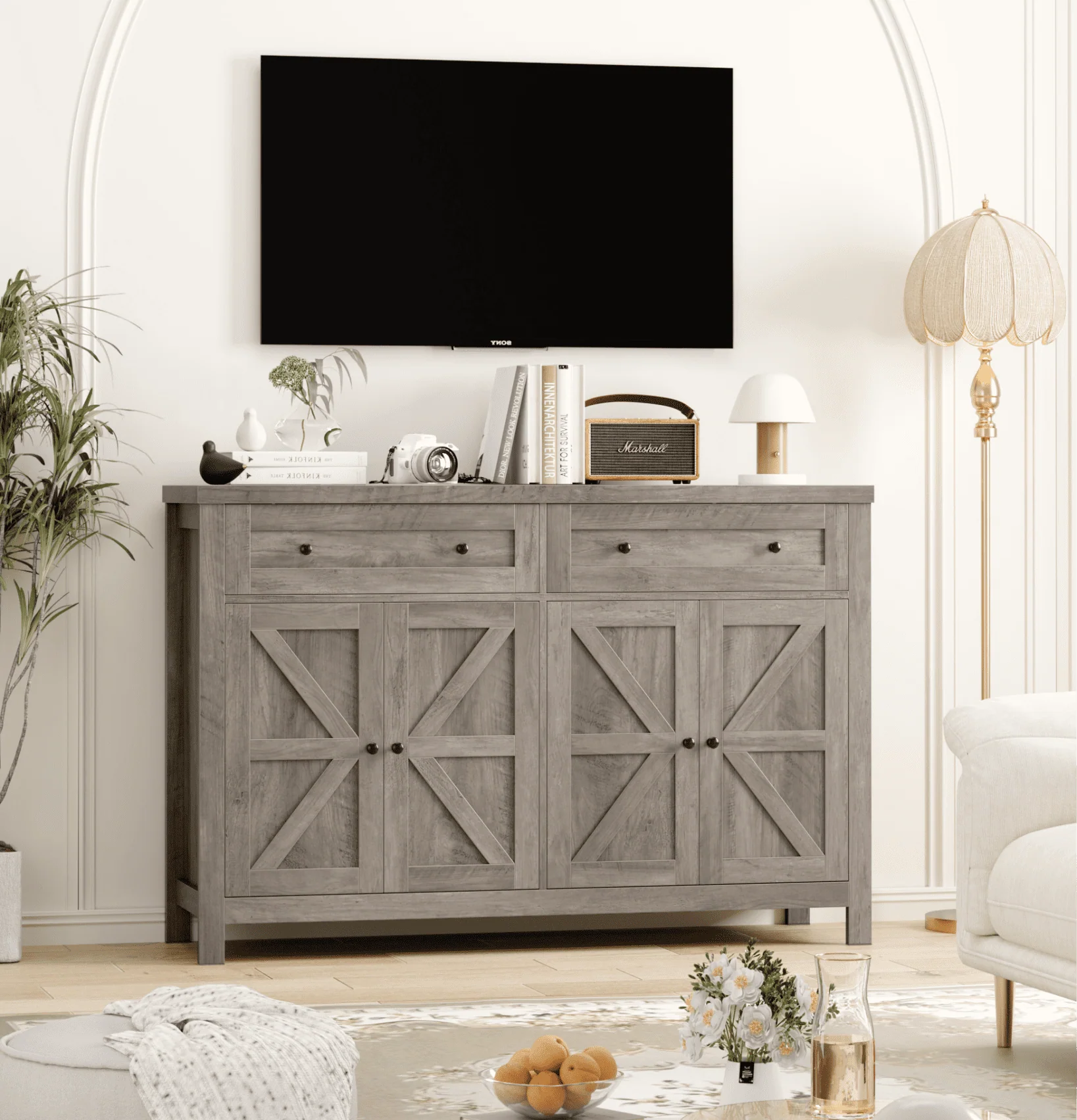 Homfa Farmhouse Kitchen Storage Cabinet, 4-Doors 2-Drawers Wood Buffet Sideboard for Dining Room Living Room, Gray