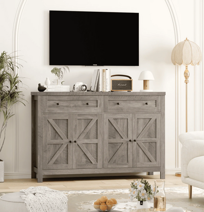 Homfa Farmhouse Kitchen Storage Cabinet, 4-Doors 2-Drawers Wood Buffet Sideboard for Dining Room Living Room, Gray
