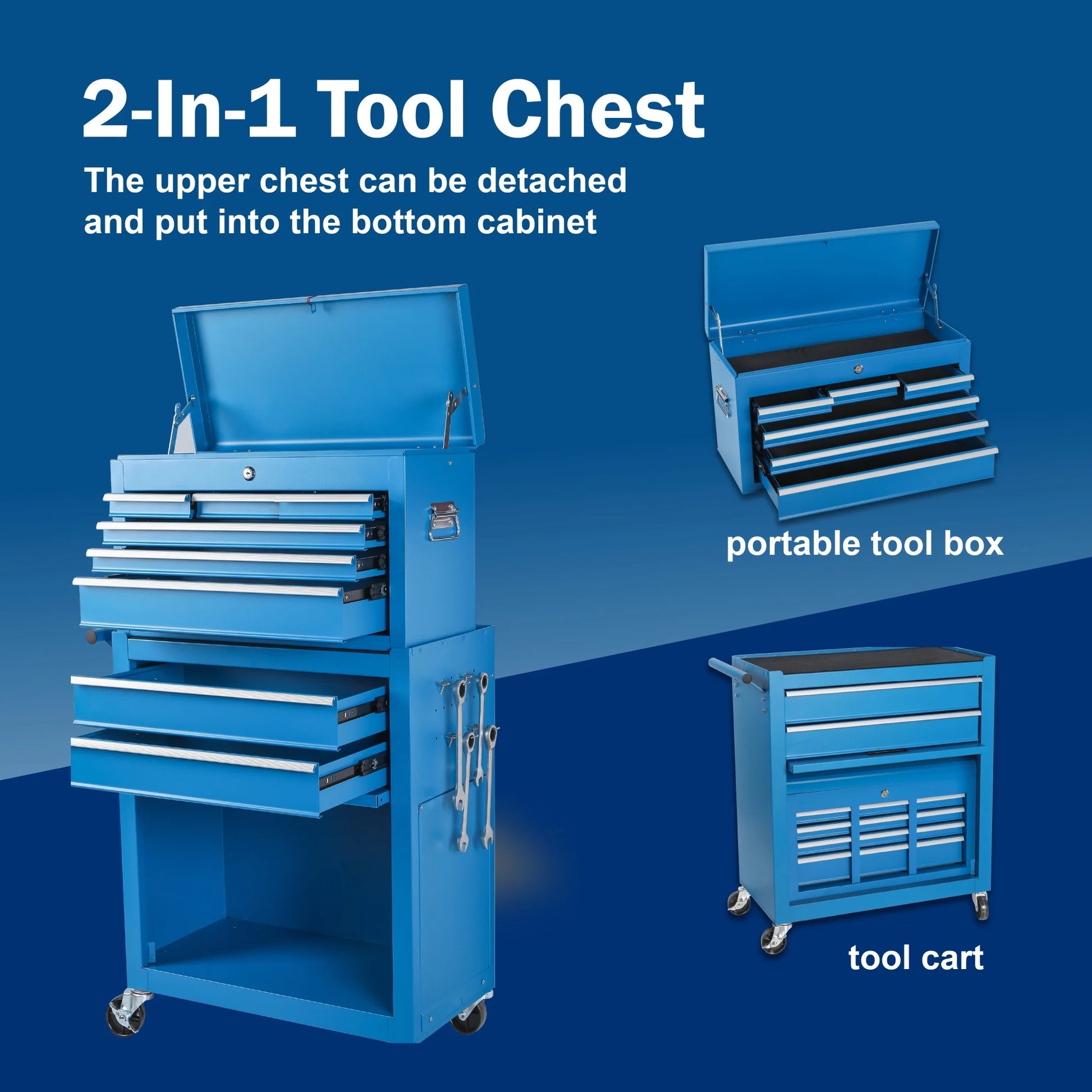 Tool Chest, 8-Drawer Rolling Tool Storage Cabinet with Lockable Wheels, Rolling Tool Chest with 2 in 1 Detachable Top Tool Box, and Locking Mechanism, Metal Tool Cart for Garage, Workshop, Blue
