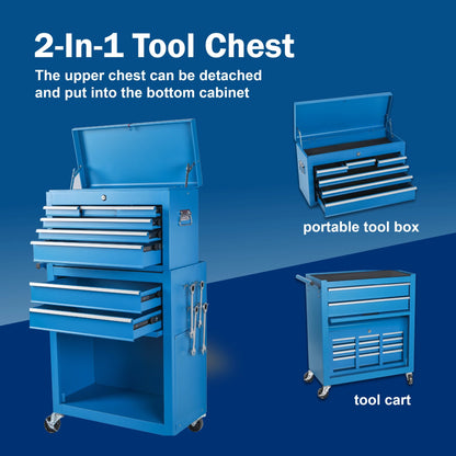 Tool Chest, 8-Drawer Rolling Tool Storage Cabinet with Lockable Wheels, Rolling Tool Chest with 2 in 1 Detachable Top Tool Box, and Locking Mechanism, Metal Tool Cart for Garage, Workshop, Blue