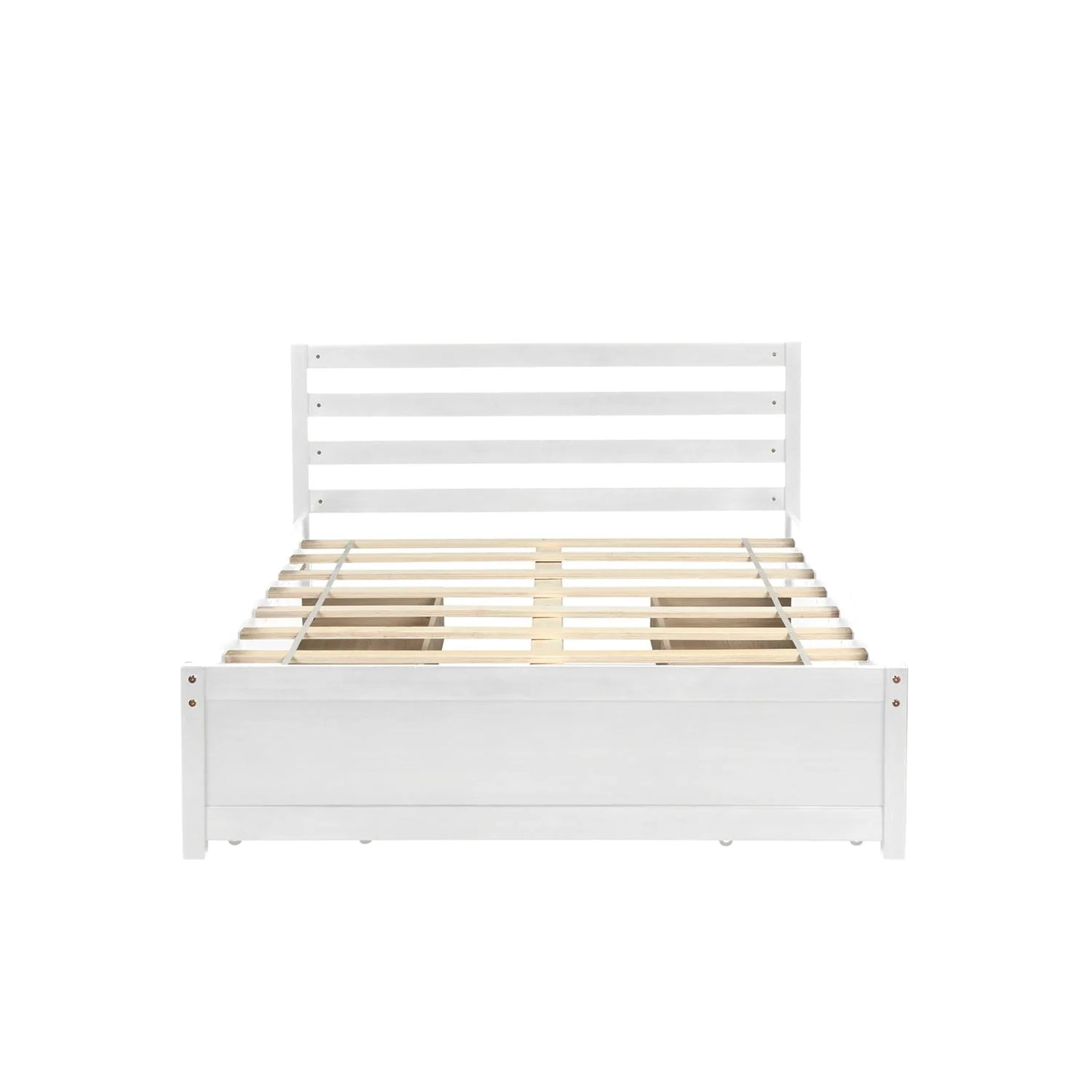 Full Size Platform Bed with 4 Storage Drawers, Solid Wood Bed Frame with Headboard and Slat Support, Storage Bed Frame for Kids Adults Bedroom, Easy Assembly, White