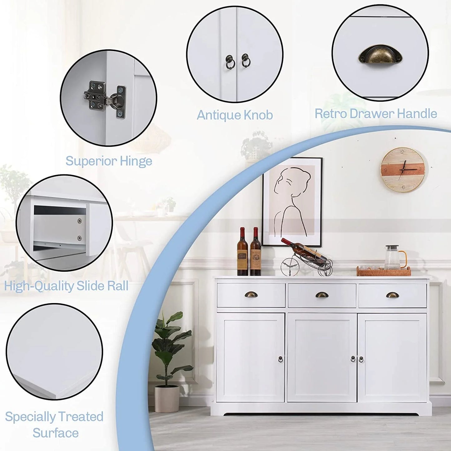 Erinnyees Sideboard Storage Cabinet with 3 Drawers and 3 Cabinets, Buffet Cabinet for Kitchen, Ding Room, Living Room, White