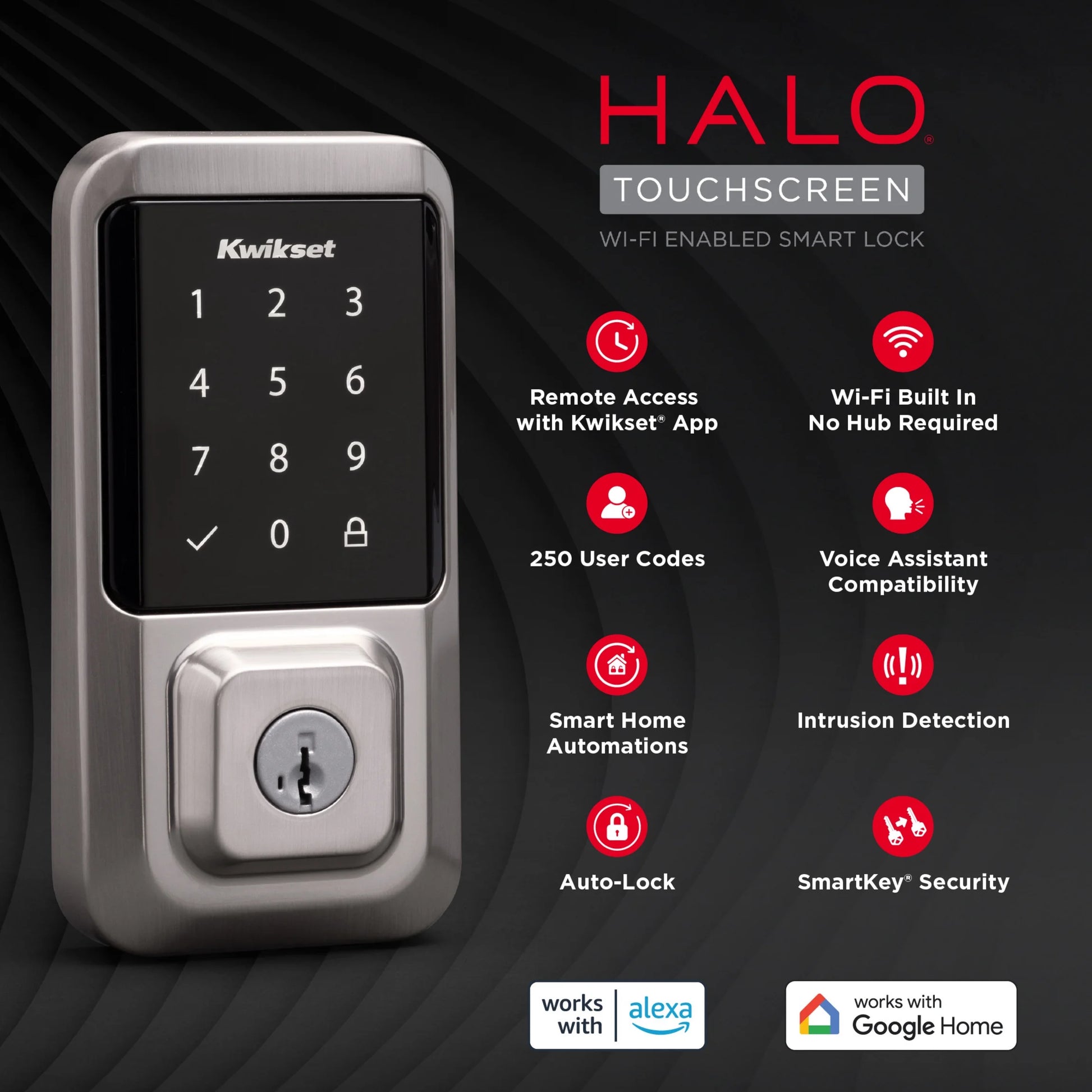 Kwikset Halo Touchscreen Wi-Fi Smart Deadbolt Hardware Lock with Smartkey Satin Nickel
