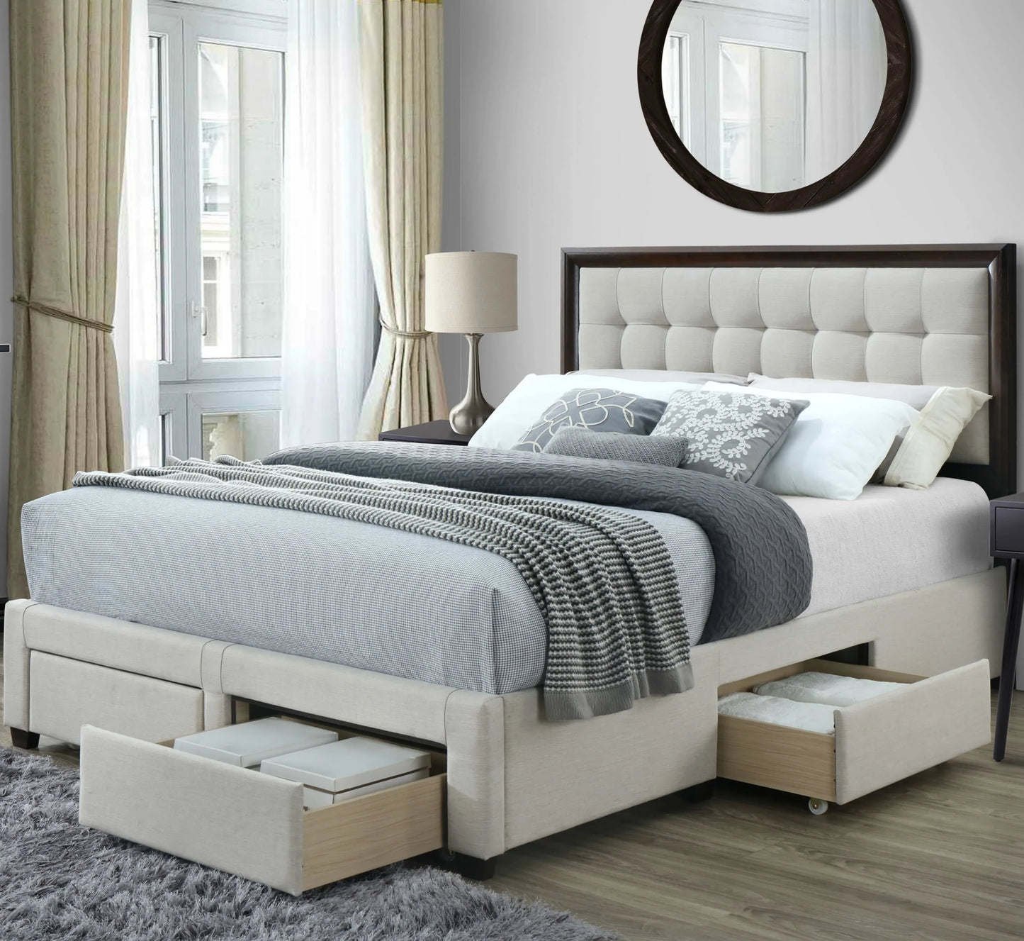 DG Casa Soloman Upholstered Panel Bed Frame with Storage Drawers and Wood Trim Tufted Headboard, King Size in Beige Linen Style Fabric...