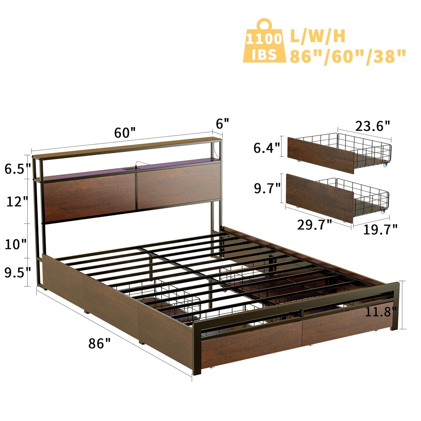 HAUSOURCE Queen Size Bed Frame with Headboard and 4 Storage Drawers LED Platform Bed Frame with Charging Station Rustic Brown