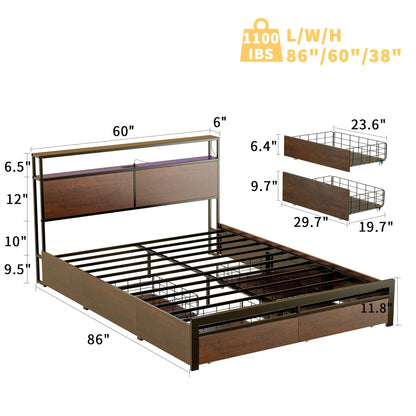 HAUSOURCE Queen Size Bed Frame with Headboard and 4 Storage Drawers LED Platform Bed Frame with Charging Station Rustic Brown