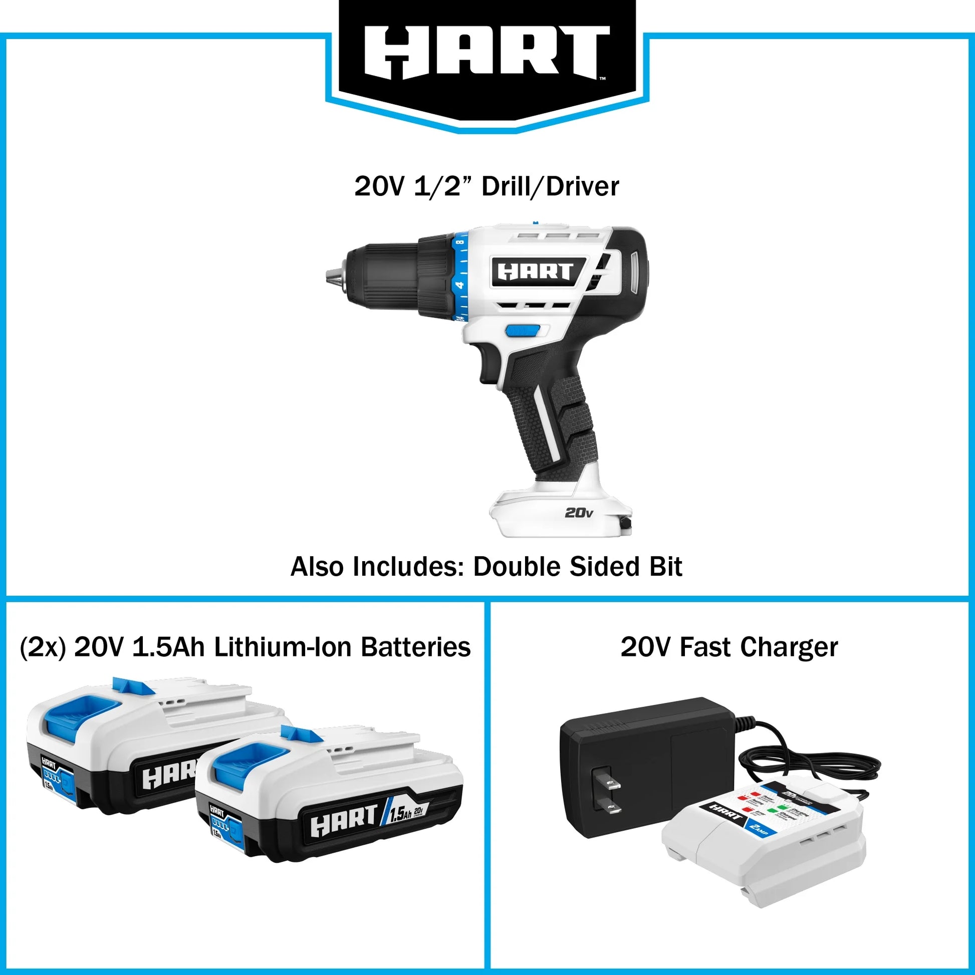 HART 20-Volt Cordless 1/2-inch Drill/Driver Kit, (2) 1.5Ah Lithium-Ion Batteries, Gen 2