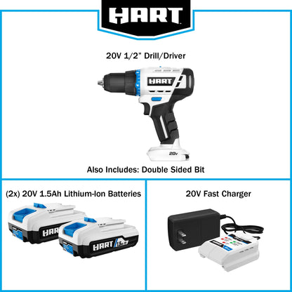 HART 20-Volt Cordless 1/2-inch Drill/Driver Kit, (2) 1.5Ah Lithium-Ion Batteries, Gen 2
