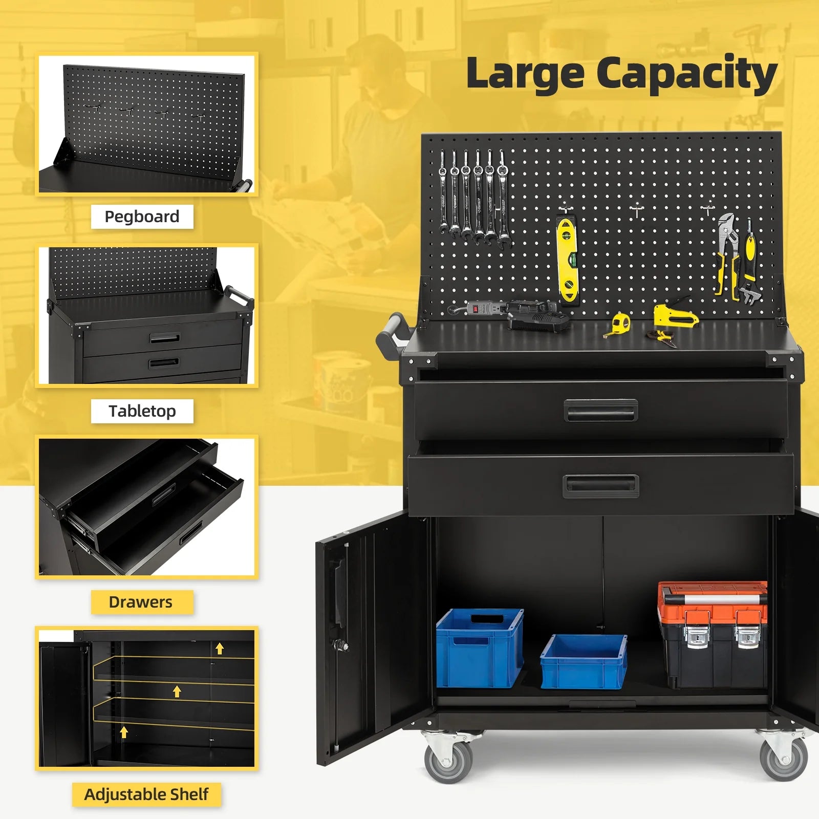 AECOJOY Metal Steel Mobile Tool Cart with Storage Drawer Tool Chest On Wheels Tool Box Garage Organizer for Workshop Warehouse Garage, Black Handle