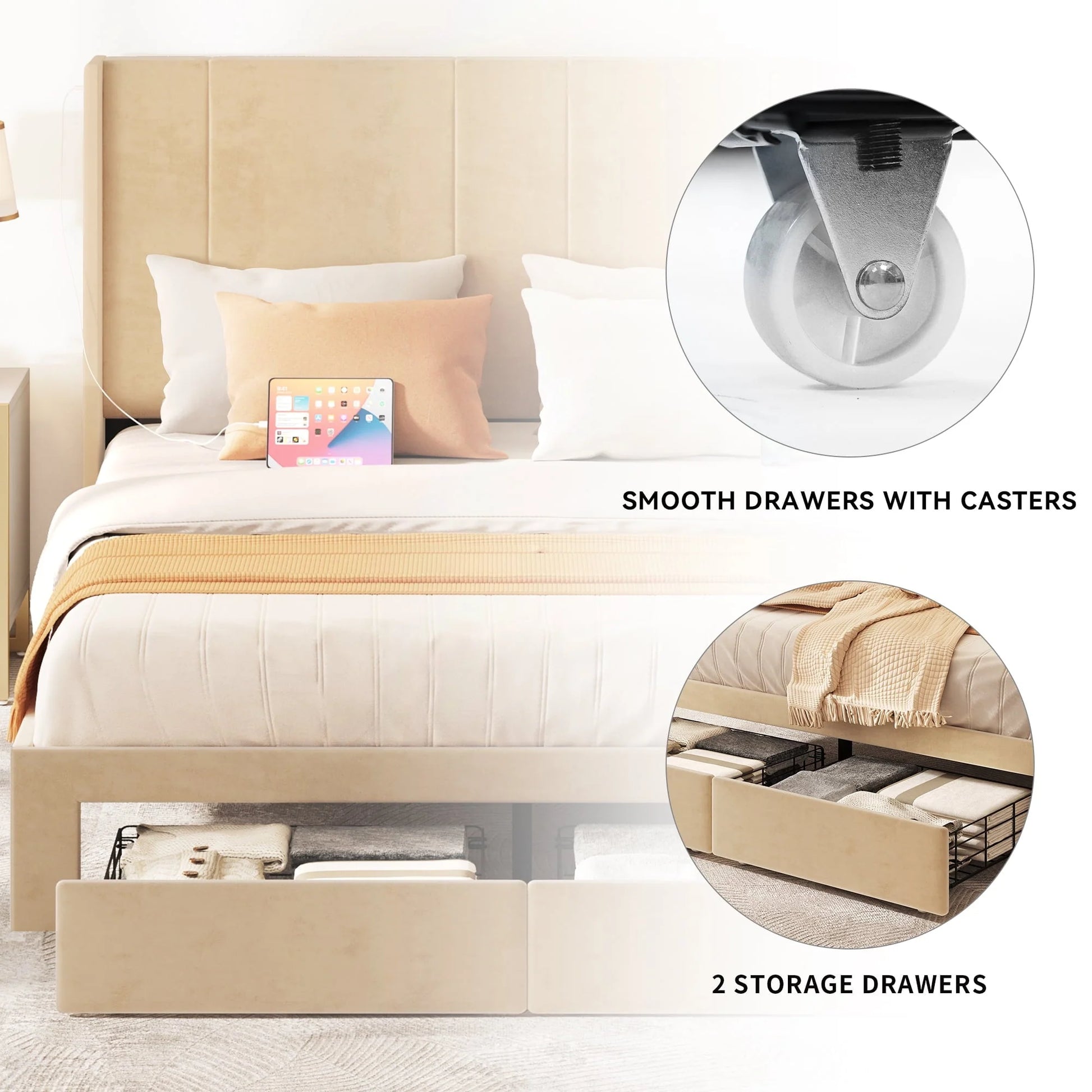Dextrus Queen Size Upholstered Bed Frame, Platform Bed Frame with Storage Drawers, Headboard Built-in 2 USB Charging Stations and Strong Wood Slats Support, No Box Spring Needed, Beige