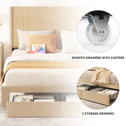Dextrus Queen Size Upholstered Bed Frame, Platform Bed Frame with Storage Drawers, Headboard Built-in 2 USB Charging Stations and Strong Wood Slats Support, No Box Spring Needed, Beige