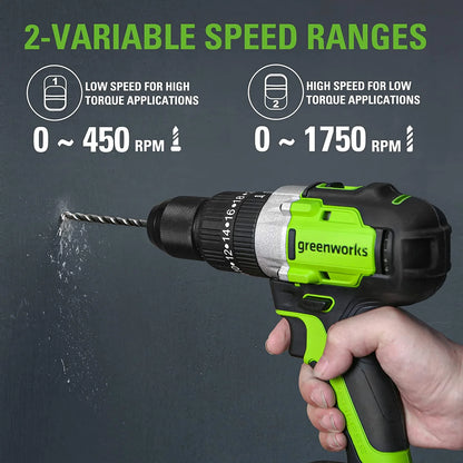Greenworks 24V 1/2" Cordless Brushless Hammer Drill Kit + 2Ah Battery & Charger 3706602