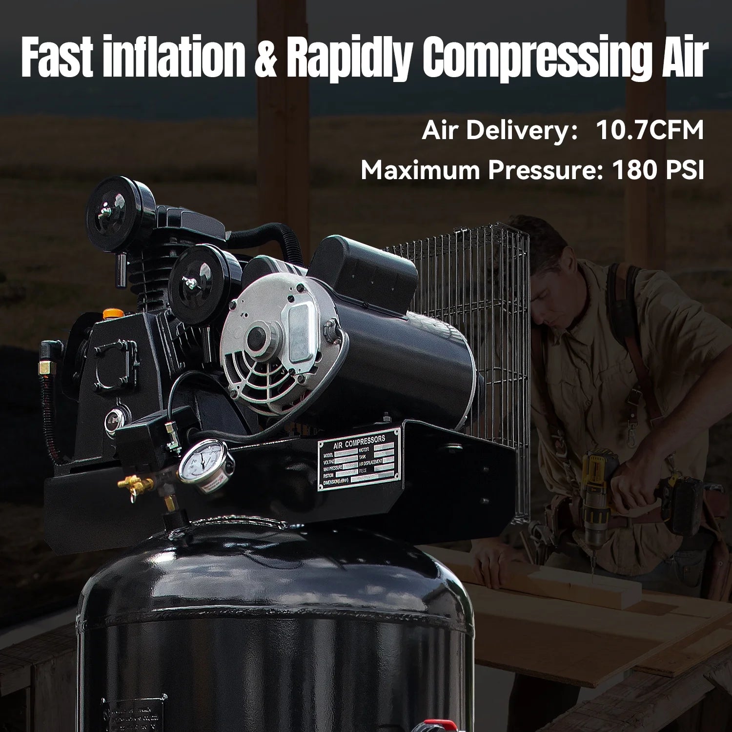 HPDMC 5.5HP Piston Air Compressor 220V/1Ph 60-Gallon Vertical ASME Tank 10.7CFM Max. Pressure 180psi Two-Stage Electric Stationary Air Compressor