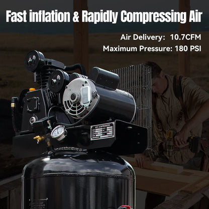 HPDMC 5.5HP Piston Air Compressor 220V/1Ph 60-Gallon Vertical ASME Tank 10.7CFM Max. Pressure 180psi Two-Stage Electric Stationary Air Compressor