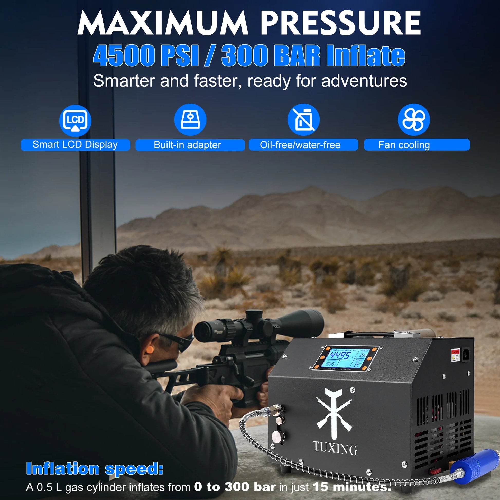 TUDIVING PCP Air Compressor LCD Display 4500Psi Built-in Converter Auto-Stop Portable Air Pump 110V