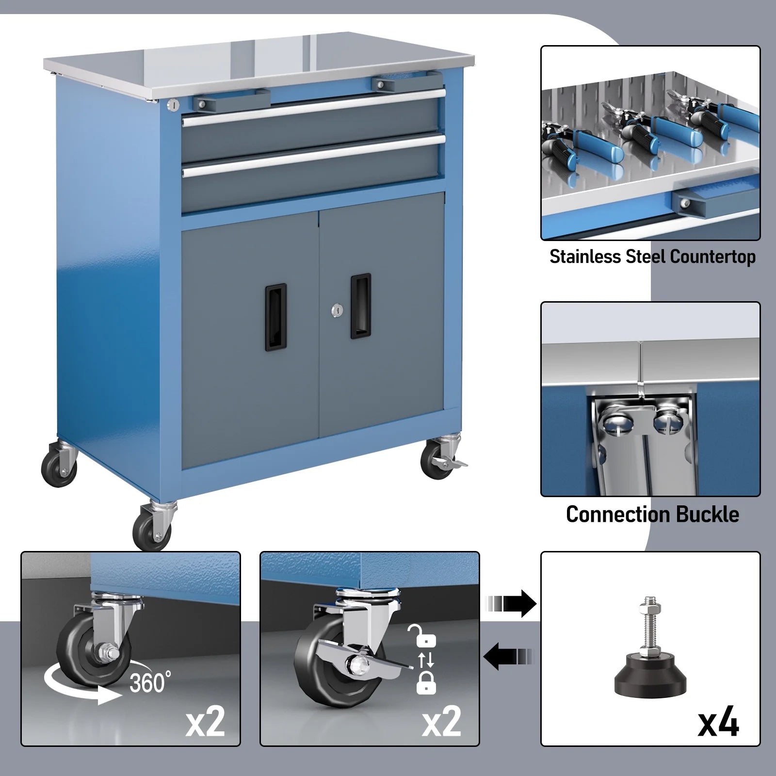 8-Drawer Rolling Tool Chest with Stainless Top & Sliding Drawers - Heavy-Duty Garage Workbench with Wheels