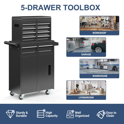 MUCHANT 5-Drawer Rolling Tool Chest, 2-in-1 Tool Box& Cabinet with Wheels, Drawers and Removable Top Tool Box for Garage, Warehouse, Workshop, Repair Shop, Black