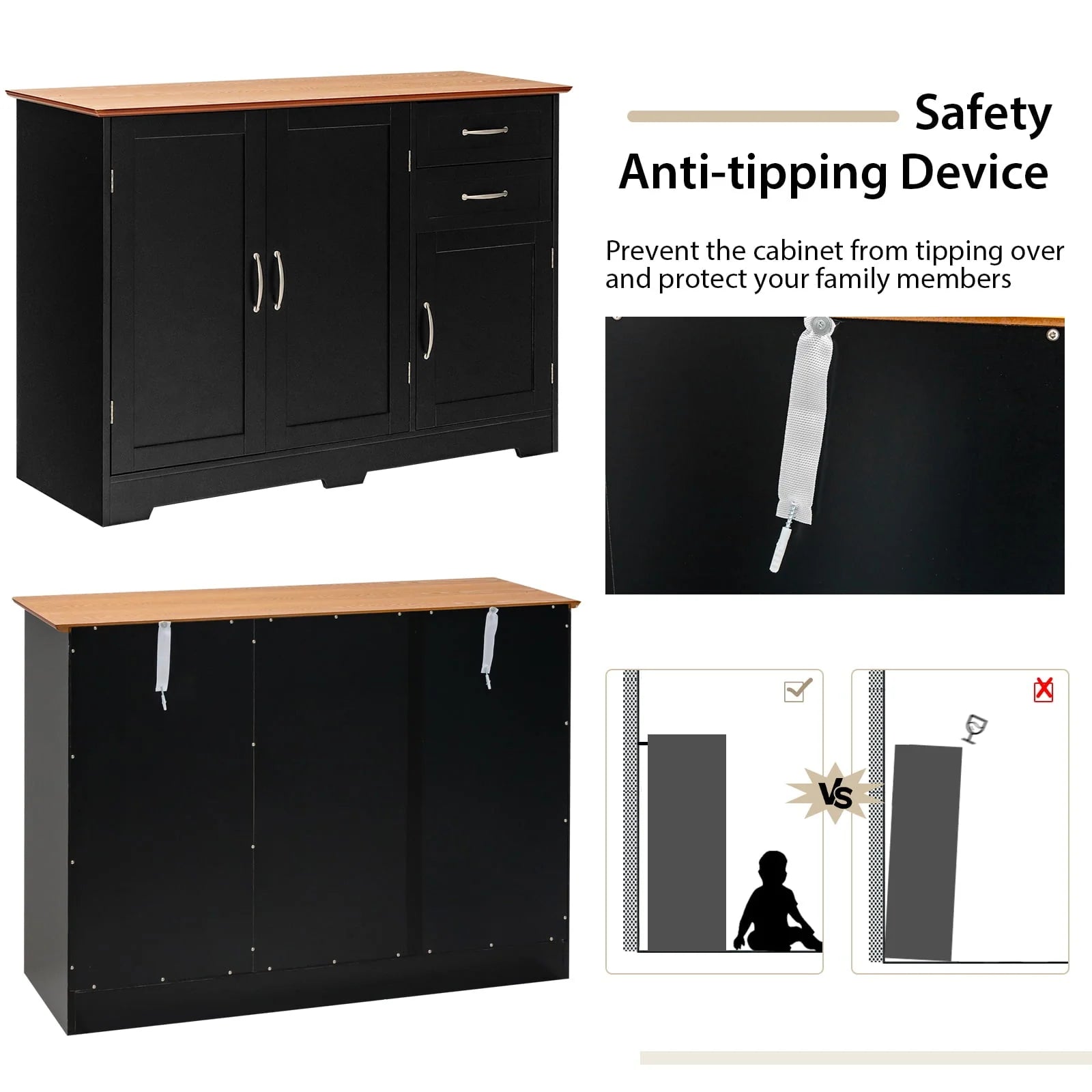 Costway Buffet Sideboard Kitchen Cupboard Storage Cabinet with 2 Drawers & 3 Doors Black