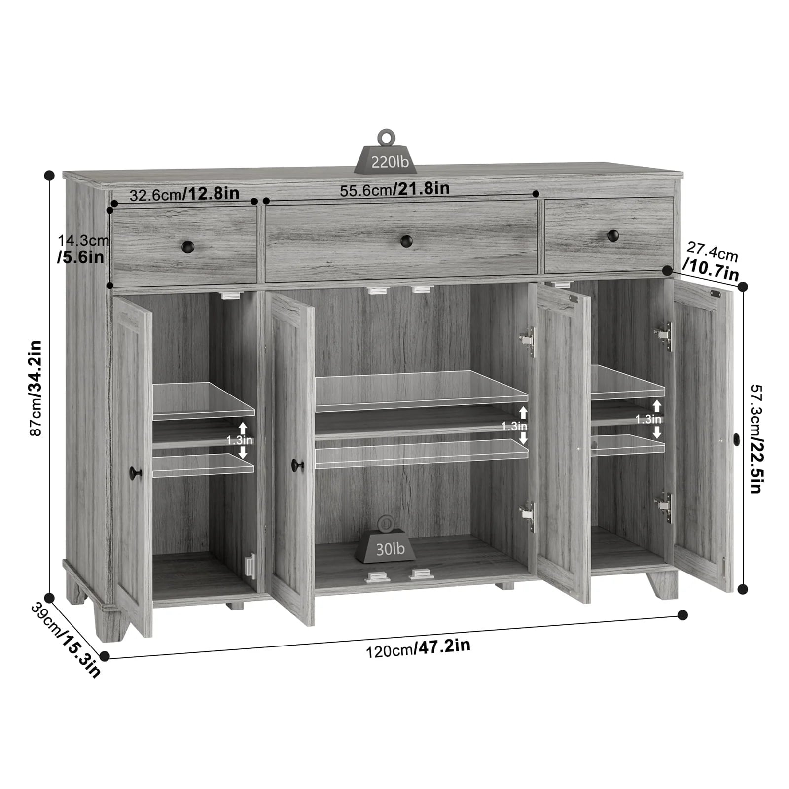 Homfa Buffet Sideboard, Wooden Storage Cabinet with Drawers & Doors, Wide Buffet Cabinet for Dining Room, Gray
