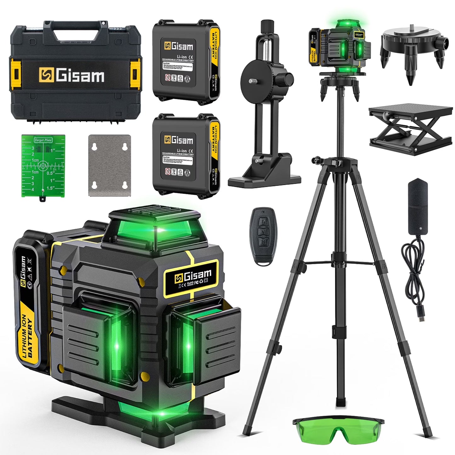 Gisam Laser Level with Tripod , 4x360? Self-Leveling Green Cross Line 4D Laser Tool with Remote Control & 2* 4800mAh Battery
