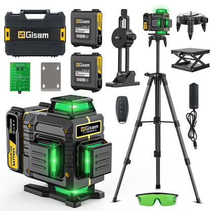 Gisam Laser Level with Tripod , 4x360? Self-Leveling Green Cross Line 4D Laser Tool with Remote Control & 2* 4800mAh Battery