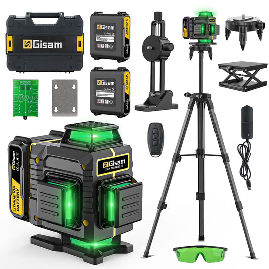 Gisam Laser Level with Tripod , 4x360? Self-Leveling Green Cross Line 4D Laser Tool with Remote Control & 2* 4800mAh Battery