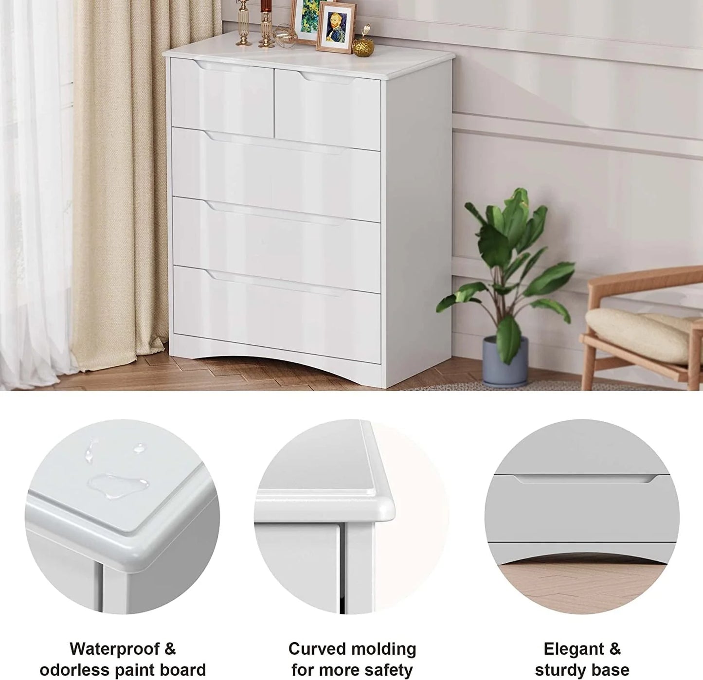 Dresser for Bedroom, Lofka 5 Storage Drawer Chest and Organizer with Cutout Handles for Bedroom, White