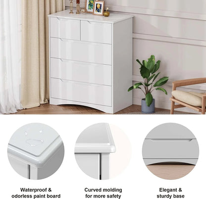 Dresser for Bedroom, Lofka 5 Storage Drawer Chest and Organizer with Cutout Handles for Bedroom, White