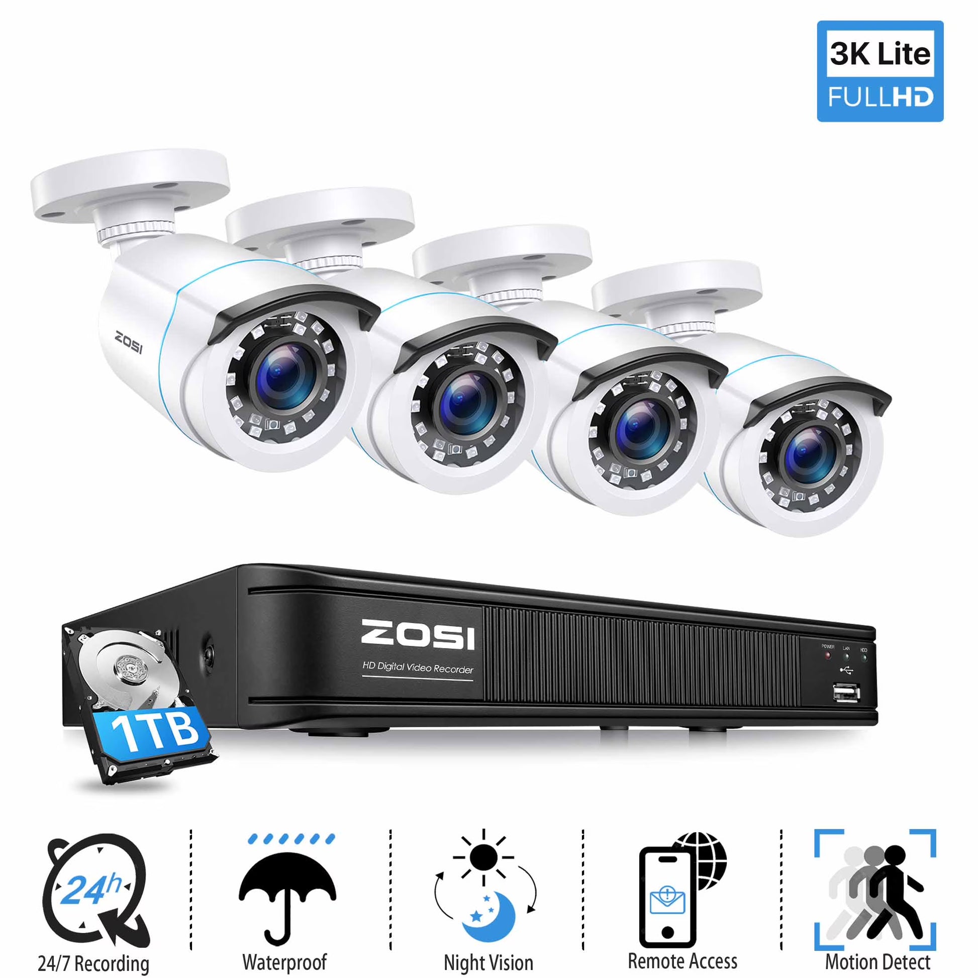ZOSI H.265+ 3K Lite Security Camera System, 8CH 5MP Lite DVR, 4X HD 1920TVL Indoor Outdoor Waterproof CCTV Cameras ,Motion Alert,Remote Access