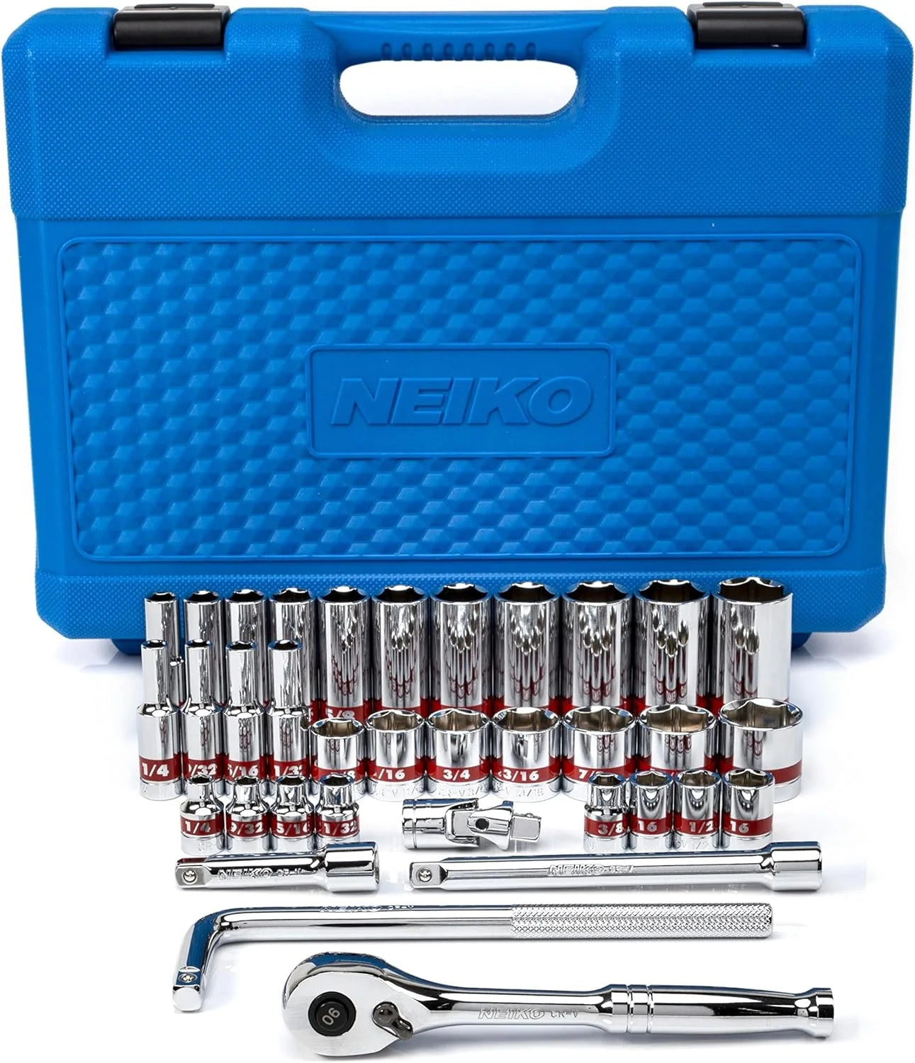 Neiko 02513A 3/8-Inch-Drive Ratchet and Socket Set, 53-Piece, Standard and Deep SAE Sizes 5/16" to 7/8", Made with CrV Steel