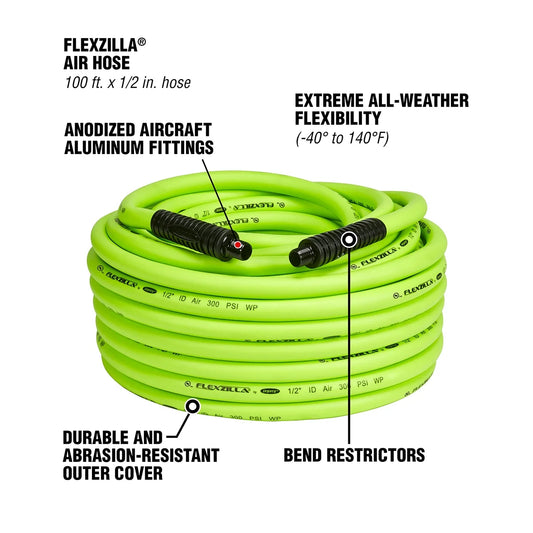 Flexzilla Air Hose, 1/2" x 100', 3/8" MNPT Fittings, ZillaGreen