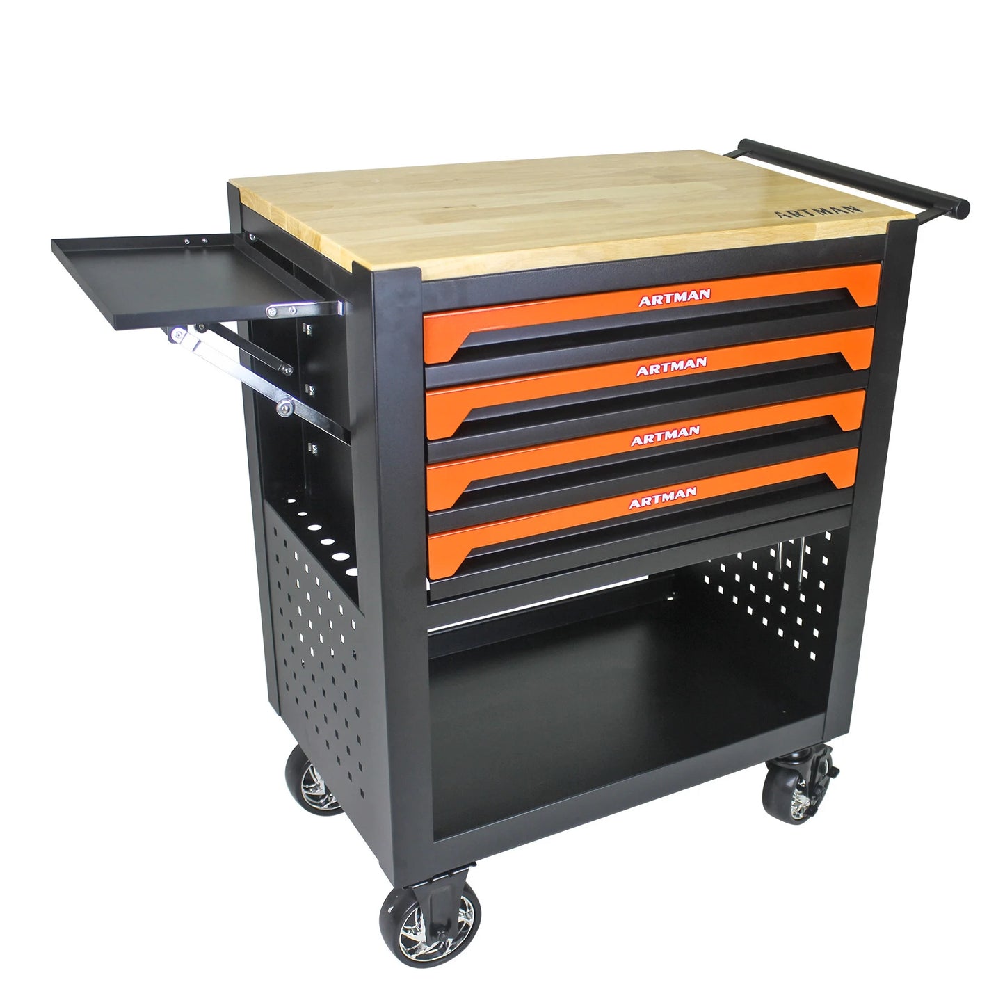 Roromall Rolling Tool Cart with Wooden Top 4 Drawers Foldable Side Panel Multi-Function Tool Chest for Garage Workshop Tool Organizer