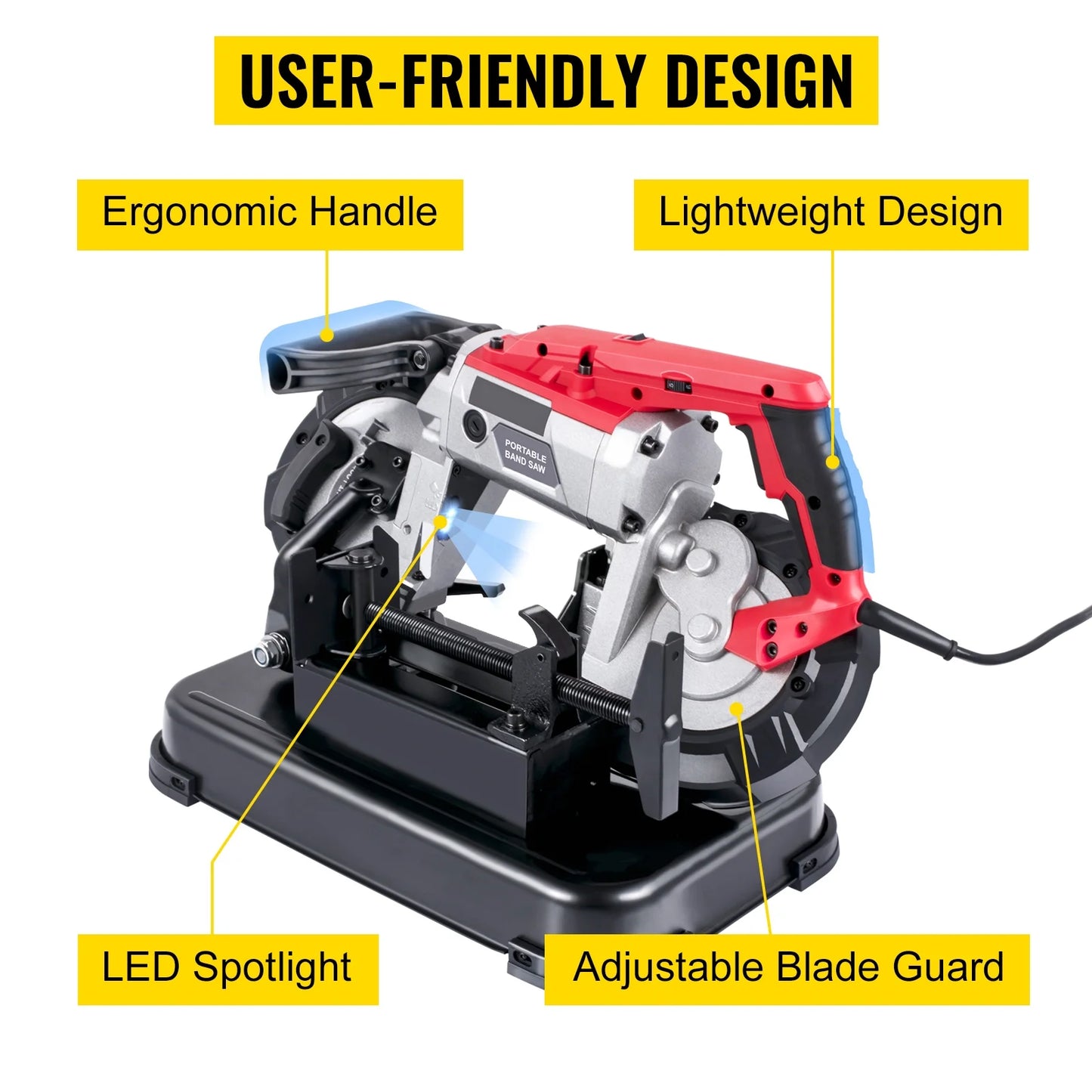 KFFKFF Portable band saw, 110V removable alloy steel base rechargeable band saw, 5 inch cutting capacity handheld band saw, variable speed portable band saw, 10 amp motor, deep cutting band saw for