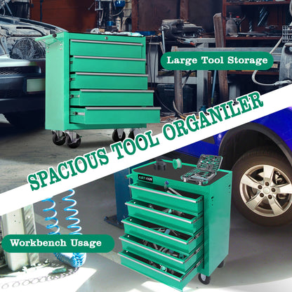 Tool Chest on Wheels, 5-Drawer Rolling Tool Box with Workbench Top, Multifunctional Tool Storage Organizer for Garage, Warehouse, Workshop