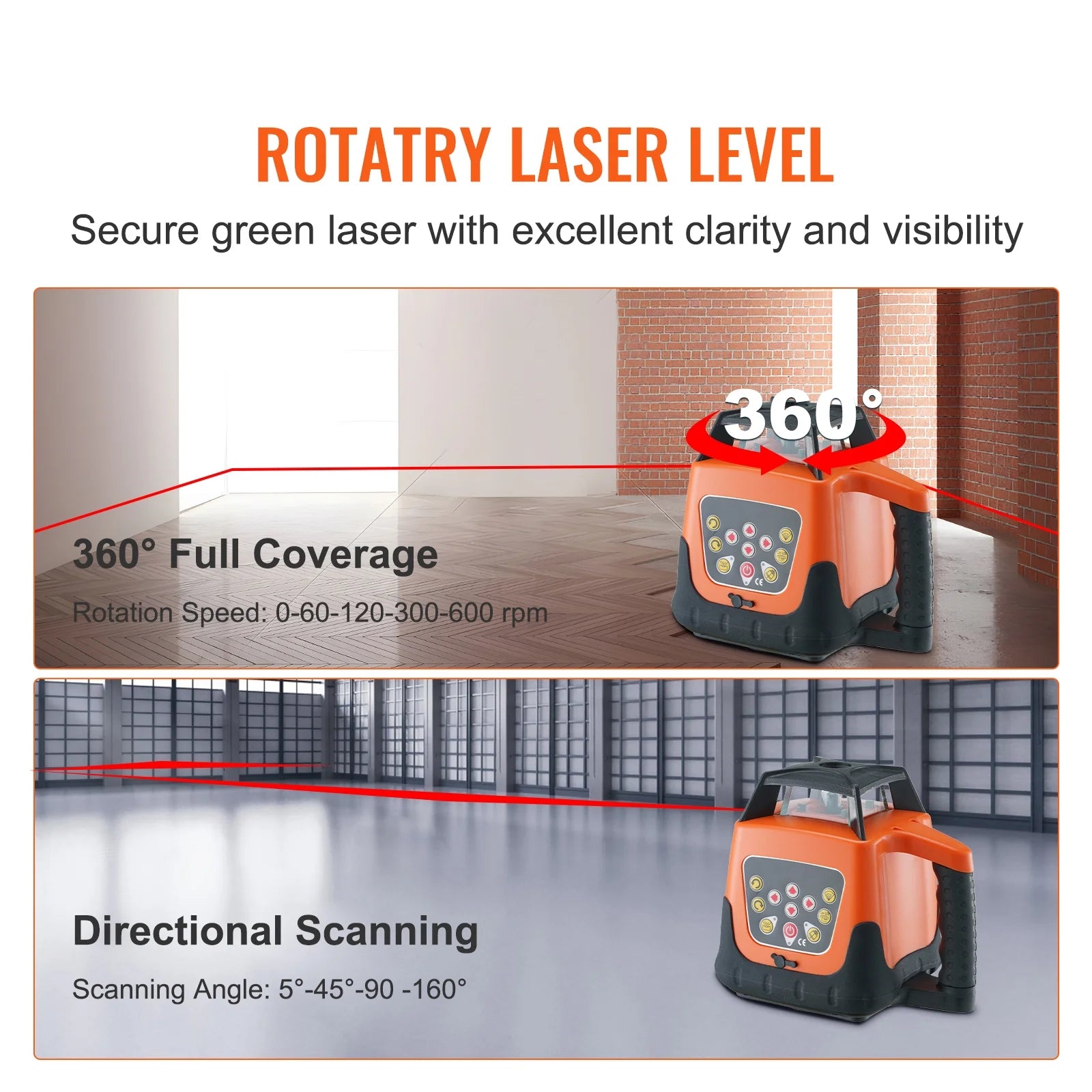KFFKFF Laser Level, 1650ft Range, 360? Self-Leveling Red Cross Line, Adjustable 5 Speeds & 4 Scan Angles, IP66 Water-Resistant, Remote & Manual Modes, Includes Battery