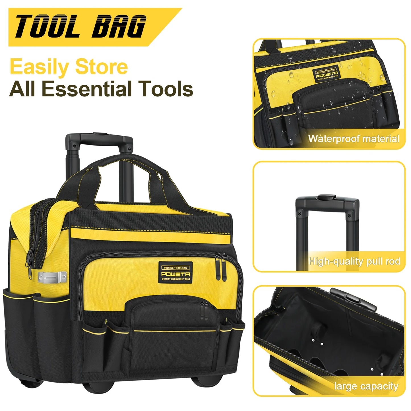18" Rolling Tool Bag with Wheels, 15-Pocket Heavy Duty Rolling Tool Storage Bag with Retractable Handle for Construction, Carpentry, Repair