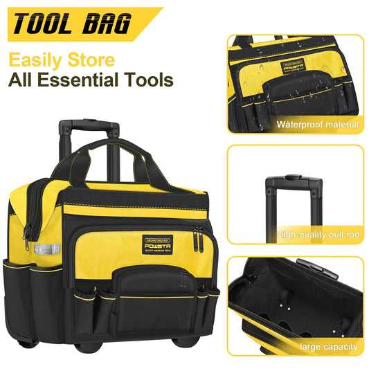 18" Rolling Tool Bag with Wheels, 15-Pocket Heavy Duty Rolling Tool Storage Bag with Retractable Handle for Construction, Carpentry, Repair