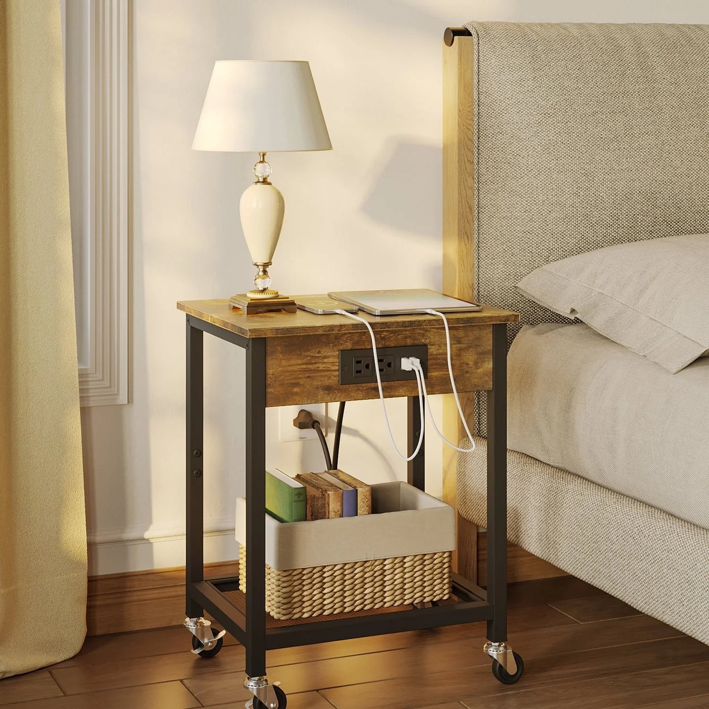 TC-HOMENY End Table with Charging Station & USB Ports, Side Table with Wheels & Storage Shelf Nightstand for Living Room Bedroom, Brown,Wood